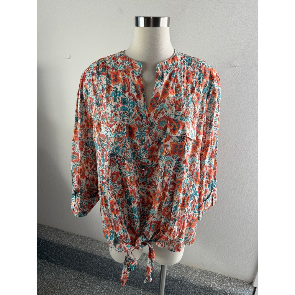 Cocomo Woman Plus 2X Floral Tie Front Blouse Orange Blue 3/4 Sleeve Top